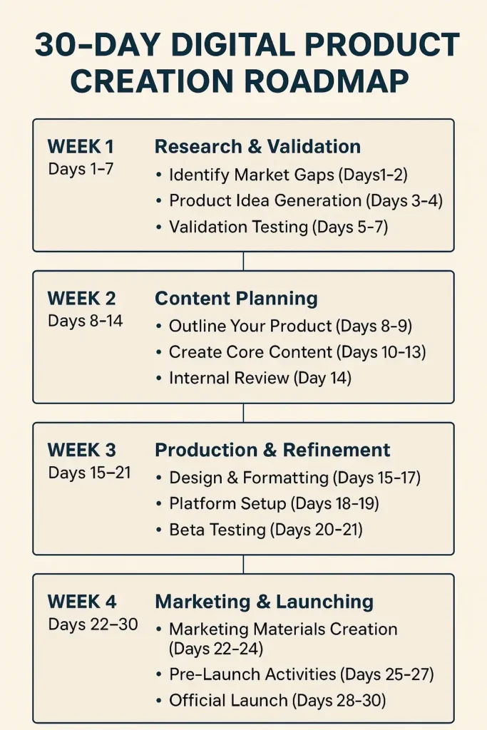 Infographic showing a 30-day digital product creation roadmap divided into 4 weekly phases: research and validation, content planning, product production, and launch strategy.