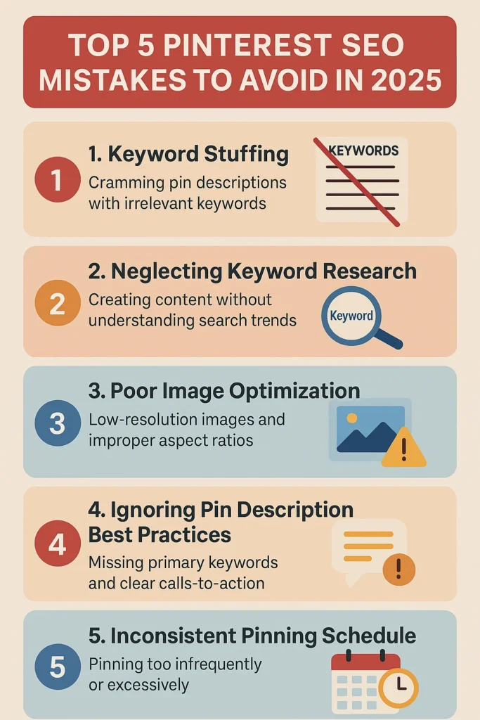 Infographic highlighting the top 5 Pinterest SEO mistakes in 2025, including keyword stuffing, poor image design, and inconsistent pinning.
