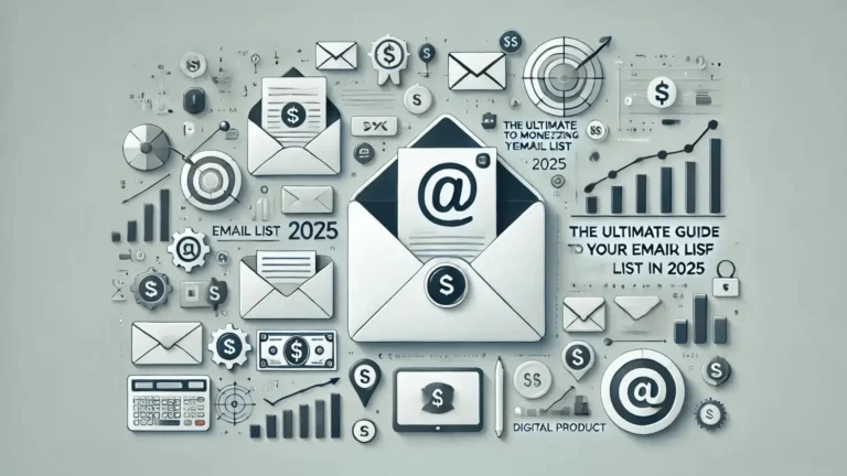 Email list monetization in 2025 – visual with email icons, revenue symbols, and digital products for content creators and bloggers.