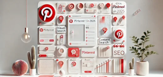 Minimalistic Pinterest SEO concept with pinboards, search bar, and red pins on white background, ideal for a 2025 blogging guide