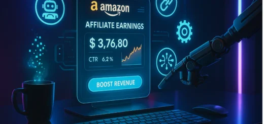A futuristic, neon-lit workspace with a sleek glass desk, holographic dashboard displaying Amazon affiliate earnings and performance stats, a robotic arm pointing at a 'Boost Revenue' icon, and glowing digital icons representing automation and analytics in a high-tech environment.