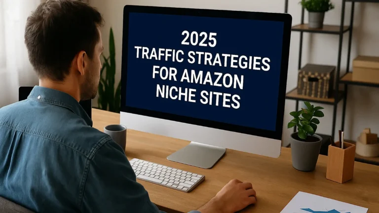 Man working on 2025 traffic strategies for Amazon niche sites at home office