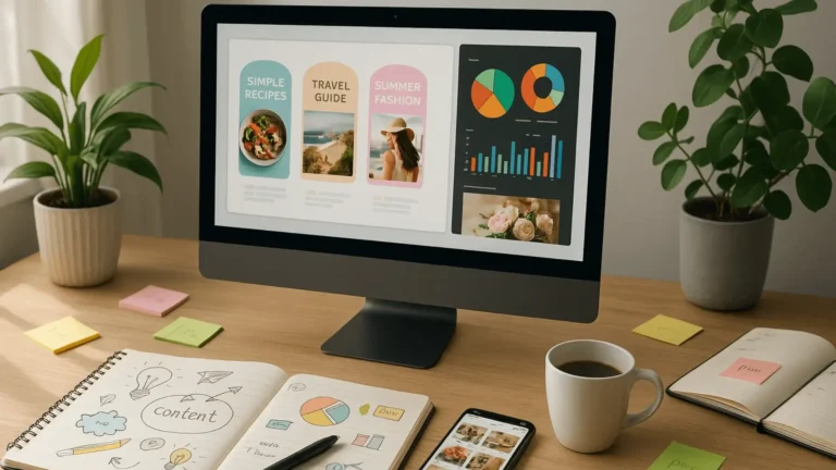 A cozy, photorealistic workspace with a silver tabby cat lounging on a wooden desk beside a laptop displaying Pinterest pins, surrounded by a coffee mug, notebook, potted plant, and soft daylight coming through a nearby window.