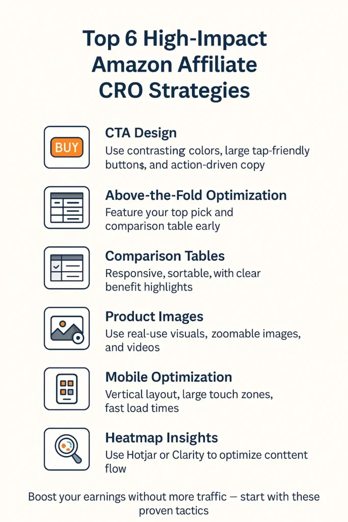 Infographic showing the top 6 high-impact Amazon affiliate CRO strategies, including CTA optimization, above-the-fold placement, comparison tables, product images, mobile optimization, and heatmap analysis.