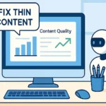 Flat-style digital illustration showing a small computer screen with SEO content audit data in a clean modern office workspace