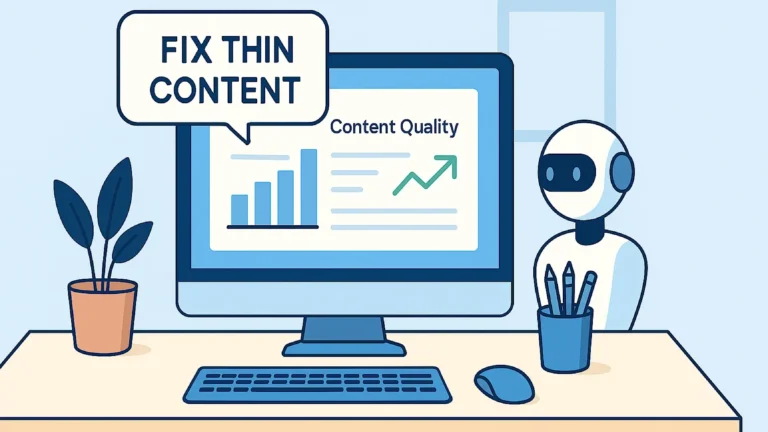Flat-style digital illustration showing a small computer screen with SEO content audit data in a clean modern office workspace