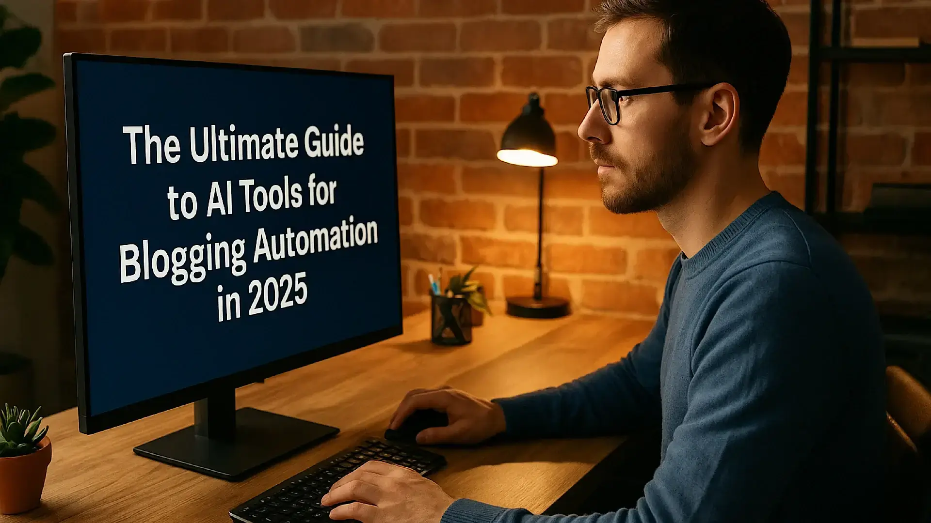 Modern blogger using AI tools for content automation on laptop in creative workspace, 2025