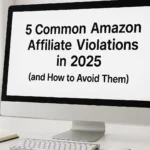 Clean desk setup with a computer displaying the title '5 Common Amazon Affiliate Violations in 2025' – modern bright workspace with notebook, lamp, and plant.