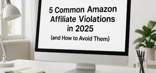 Clean desk setup with a computer displaying the title '5 Common Amazon Affiliate Violations in 2025' – modern bright workspace with notebook, lamp, and plant.