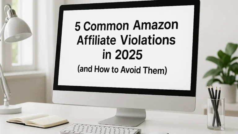 Clean desk setup with a computer displaying the title '5 Common Amazon Affiliate Violations in 2025' – modern bright workspace with notebook, lamp, and plant.