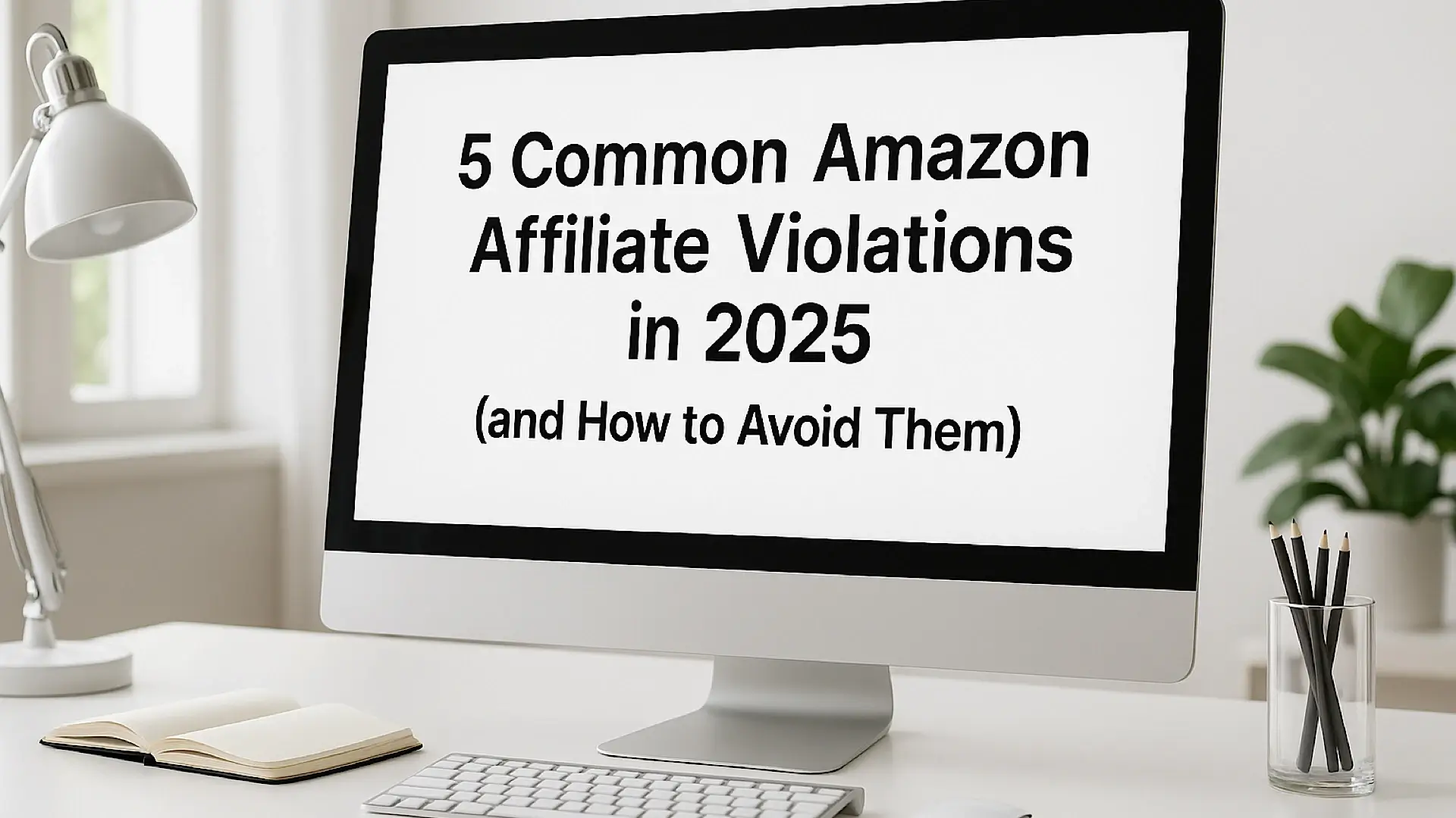 Clean desk setup with a computer displaying the title '5 Common Amazon Affiliate Violations in 2025' – modern bright workspace with notebook, lamp, and plant.
