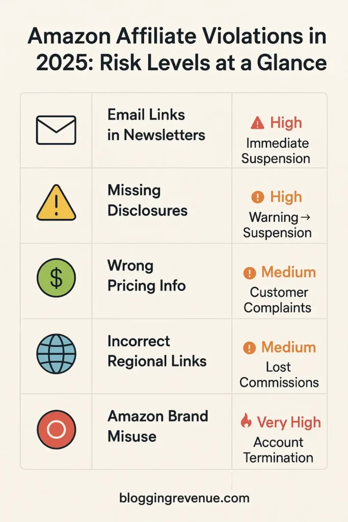 Infographic comparing five common Amazon Affiliate Violations in 2025 including Email Links, Missing Disclosures, Pricing Issues, Regional Linking, and Brand Misuse by risk level.