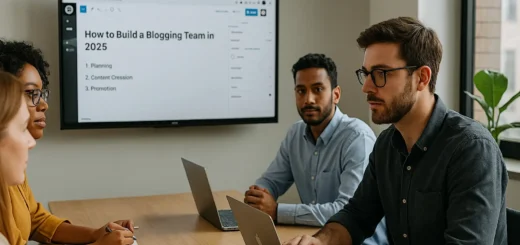 A diverse blogging team meeting in a modern office with a WordPress editor on screen showing 'How to Build a Blogging Team in 2025