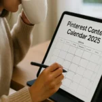 Pinterest Content Calendar 2025 – woman planning Pinterest strategy on paper and tablet