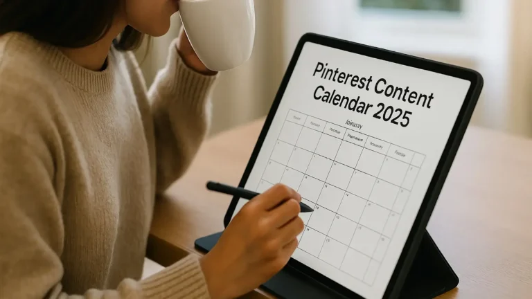 Pinterest Content Calendar 2025 – woman planning Pinterest strategy on paper and tablet