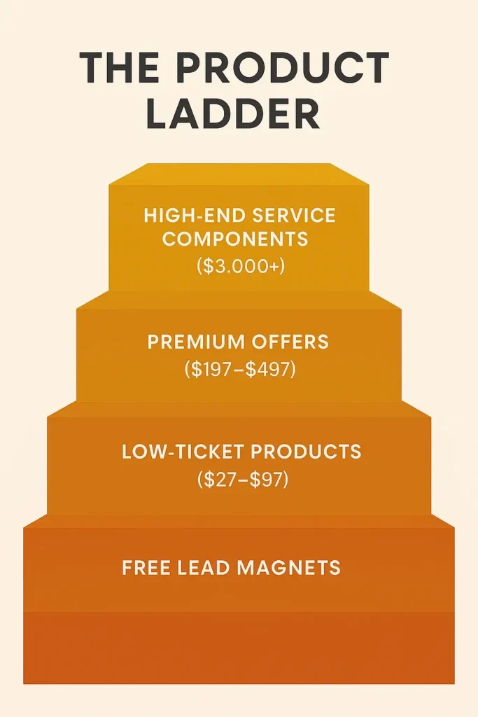 The Product Ladder infographic showing five monetization levels for bloggers: free lead magnets, low-ticket products, mid-tier offers, premium offers, and high-end services.