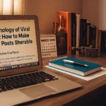 Laptop on wooden desk displaying blog post titled "The Psychology of Viral Content", surrounded by books, notebook, and warm lighting