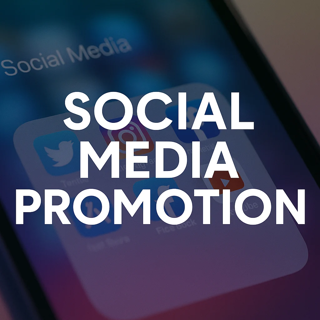 Social Media Promotion – bold text over gradient background with app icons