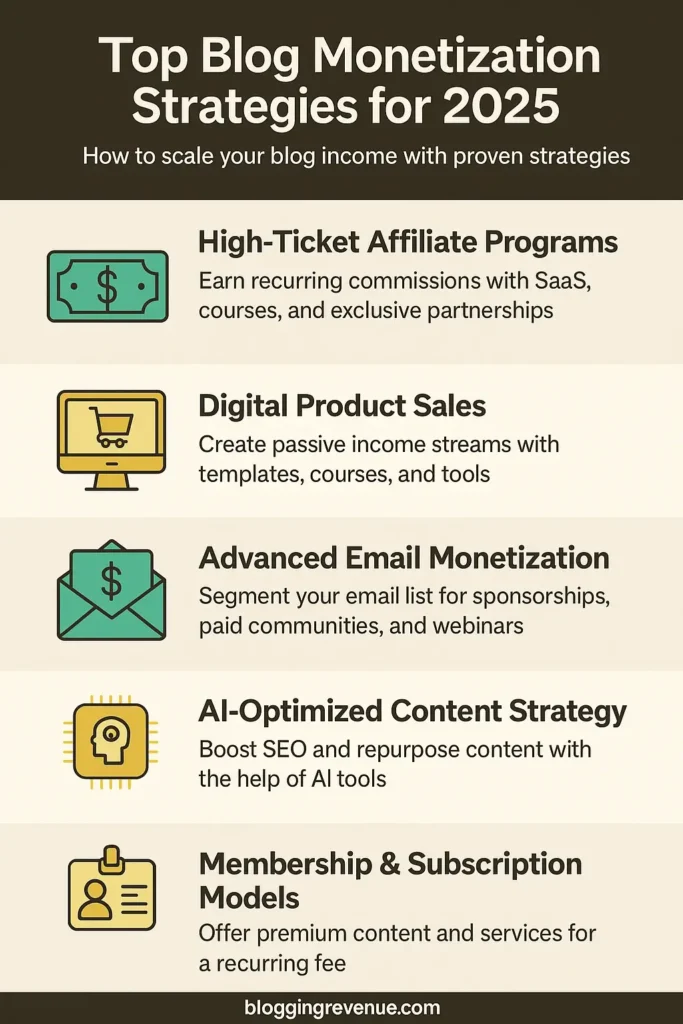Infographic showing top blog monetization strategies for 2025 including affiliate marketing, digital products, email funnels, SEO, and automation tools.